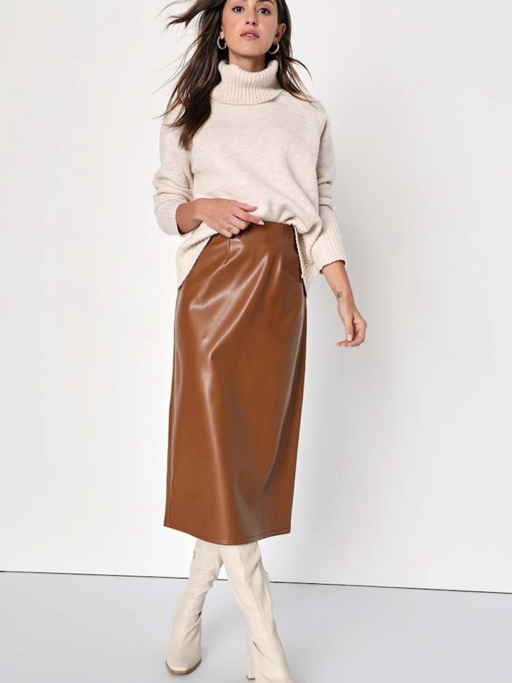 Lulus Bold Sophistication Brown Vegan Leather High-Rise Midi Skirt